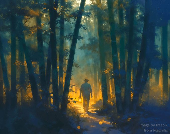 Man Walking Down Road with Lantern