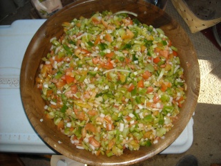 Spring Garden 2010 Fall Green Tomatoes and Vegetables Chopped Up for Lacto-Fermentation Preservation