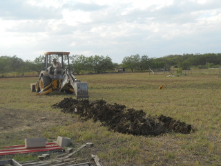 Backhoe Digging Swales with Brave Rooster