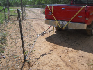 Fence Puller Hooked to Truck with Come-along