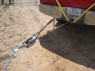 Come-along Hooked to Truck Ball Hitch