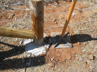 Tamping Dirt in Front of Concreted Fence Post